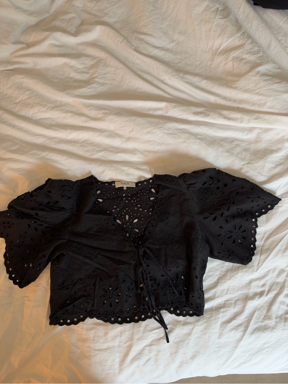 Sea New York Black Cropped Broderie Lace Cotton and Linen Blend Top